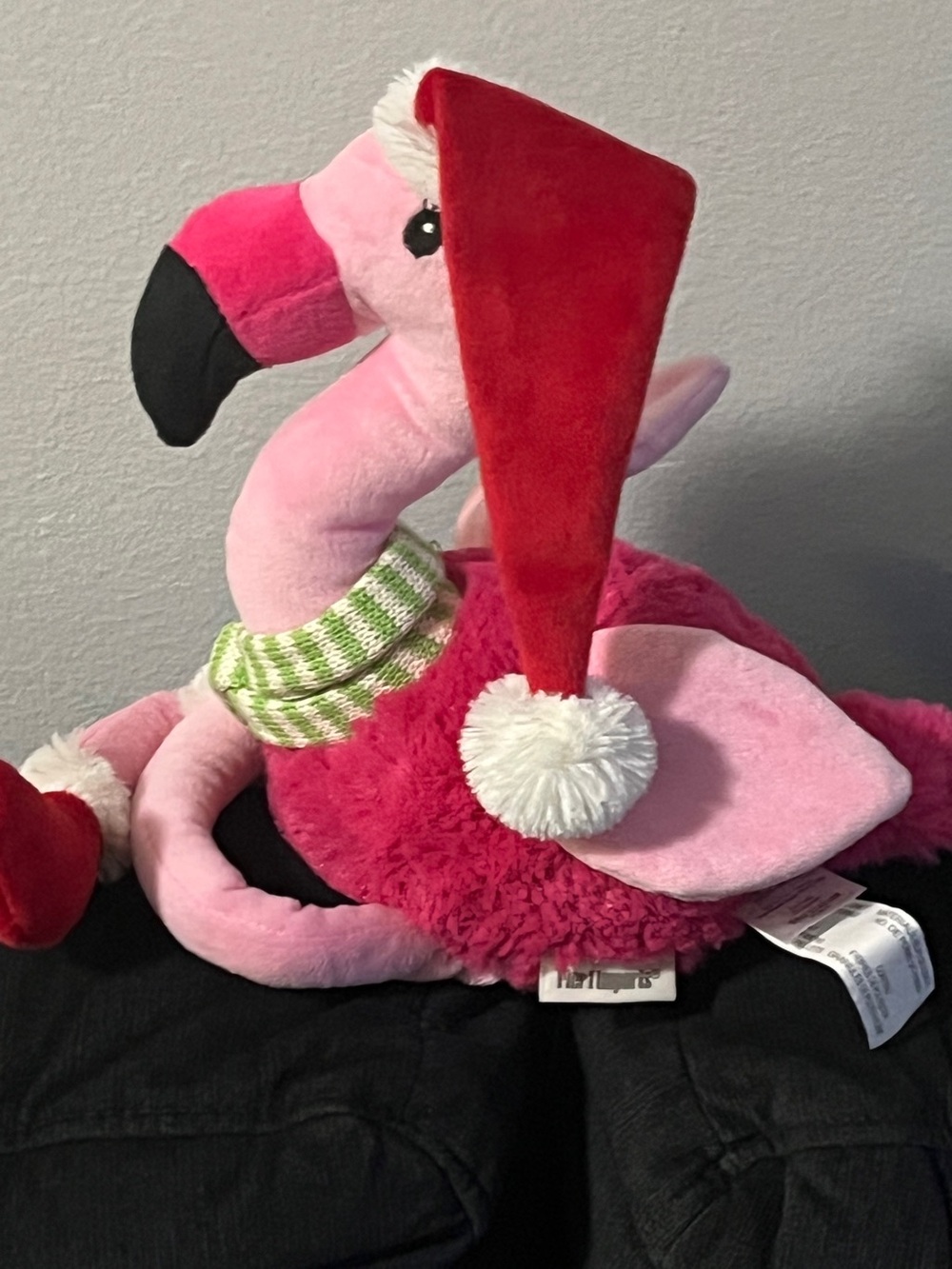 Pier 1 Pink Flamingo Plush with Red Santa Hat and Green Scarf vintage 20by7"
